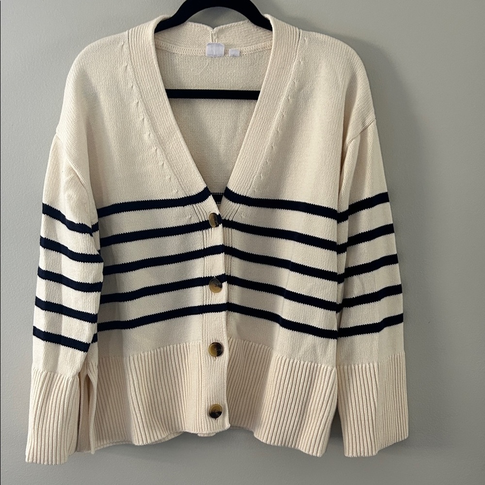 Gap Ivory and Navy Blue Striped V-Neck Cardigan, Size Large